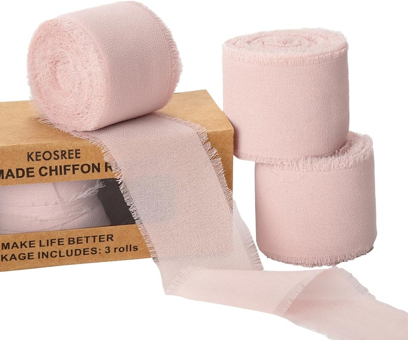 KEOSREE 3 Rolls Light Pink Handmade Chiffon Ribbon,1.5" x 21Yd Frayed Fringe Silk Ribbons (3 Rolls *7Yd) for Gifts Wrapping, Wedding Invitations, Bridal Bouquets, Decorations - Image 1
